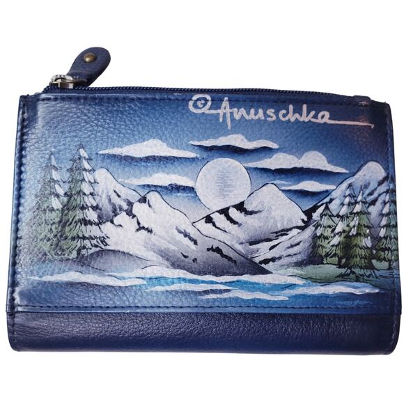 ANUSCHKA Leaping Orca Handpainted Leather Wallet RFID Blocker Protection Blue - Picture 2 of 14
